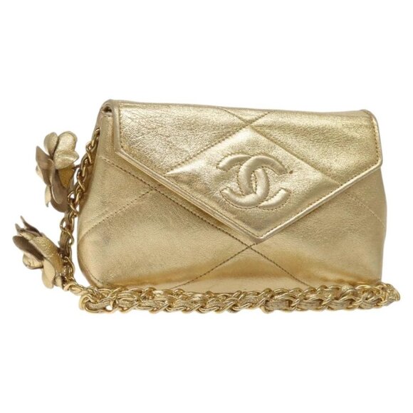 CHANEL Chain Shoulder Bag Leather Gold CC Auth - Picture 1 of 16